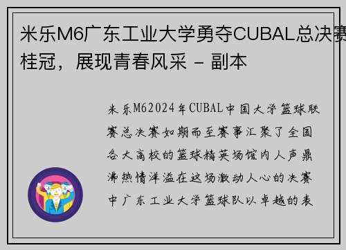 米乐M6广东工业大学勇夺CUBAL总决赛桂冠，展现青春风采 - 副本