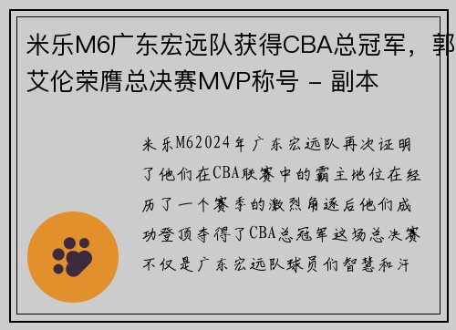 米乐M6广东宏远队获得CBA总冠军，郭艾伦荣膺总决赛MVP称号 - 副本