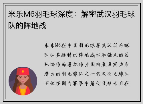 米乐M6羽毛球深度：解密武汉羽毛球队的阵地战